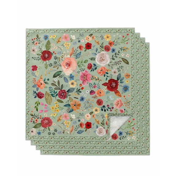 Sage Green Floral Cloth Napkins Set of 4 Reusable Dinner Napkins, Spring Flowers Leaves Farmhouse Cocktail Napkin Washable Table Napkins for Wedding/Holiday Party/Baby Shower 20"x20"