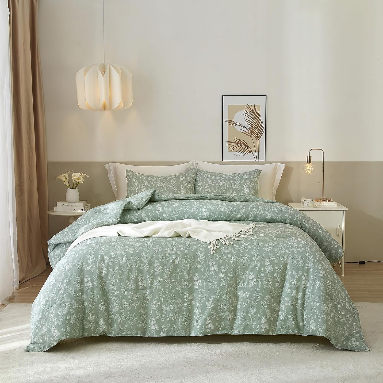 Sage Green Floral Comforter Set King Size Soft Microfiber Comforter ...