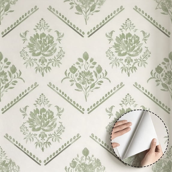 Sage Green Floral Damask Wallpaper, Vintage Farmhouse Style, Peel and Stick Wallpaper, Waterproof Home Decor for Bedroom, Living Room, Kitchen Cabinet, Rental Property, 17.7 * 118 in