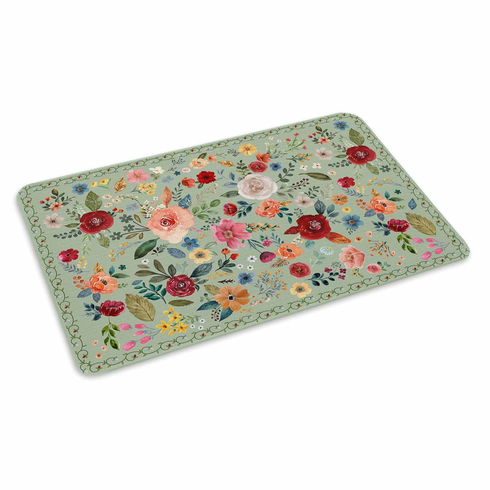 Sage Green Floral Doormat Outdoor Entrance 18"x30", Spring Flowers Leaves Farmhouse Absorb Moisture Dirt Door Mats, Non-Slip Rubber Backing Floor Mats Indoor, Low-Profile Front Door Rugs