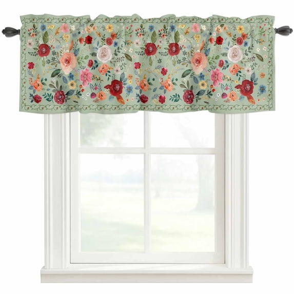 Sage Green Floral Farmhouse Short Window Curtain Valances, Spring Flowers Leaves Farmhouse Rod Pocket Kitchen Valances for Living Room Bedroom Bathroom Cafe 42" x 18"