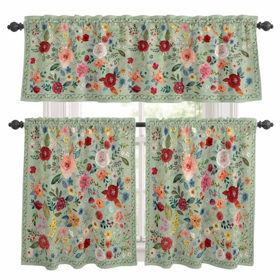 Sage Green Floral Kitchen Curtains Sets for Windows 24 Inch Length, Spring Flowers Leaves Farmhouse Rod Pocket Window Treatments Tier Curtains and Valances Set for Bedroom/Bathroom