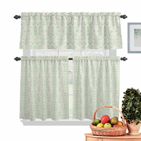 Sage Green Floral Kitchen Curtains Valances 3 Piece Set, Ethnic Middle East Rod Pocket Tier Curtain and Valance Drapes for Small Window 36 Inch Length for Bedroom Cafe