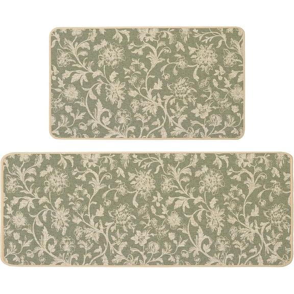 Sage Green Floral Kitchen Mats Set of 2,Monochrome Sketch Retro Kitchen Rugs Absorbent Non Slip Low-Profile Washable for Spring Summer Floor Decor 17x29 and 17x47 Inch