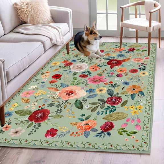 Sage Green Floral Kitchen Runner Rug 2.7x5 Washable Runners for Hallway Non Slip Spring Flowers Leaves Farmhouse Large Area Rug Indoor Floor Carpet for Bathroom Laundry Entryway Bedroom Living Room