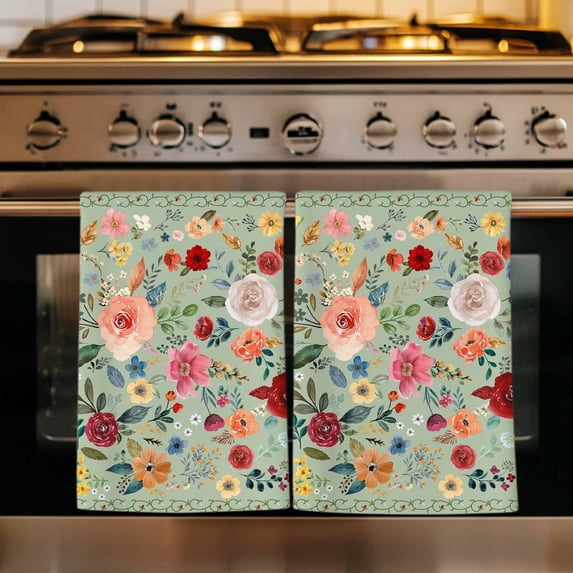 Sage Green Floral Kitchen Towels Set of 4, Spring Flowers Leaves Farmhouse Absorbent Dish Towels for Kitchen, Microfiber Hand Towel, Quick Drying Tea Towel for Cleaning Decorative Dishcloths