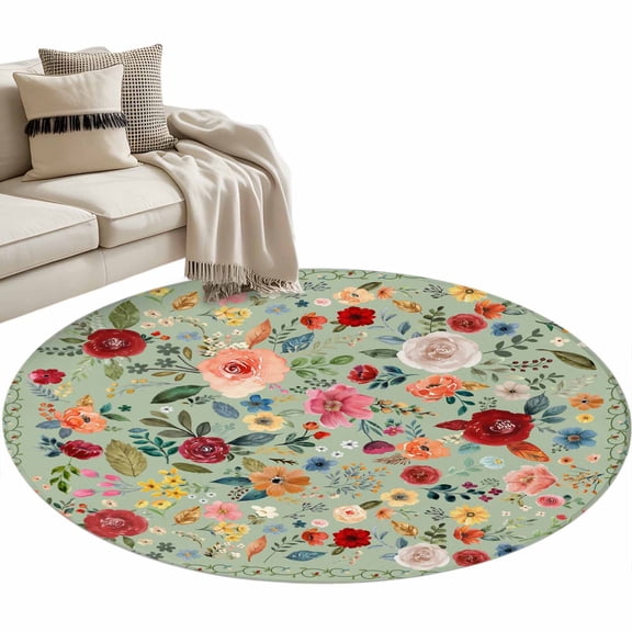 Sage Green Floral Large Area Rugs for Bedroom Living Room, Soft Non Slip Carpet Bedside Rug, Spring Flowers Leaves Farmhouse Round Floor Cover Kitchen Accent Rug 3' for Dining Room/Office
