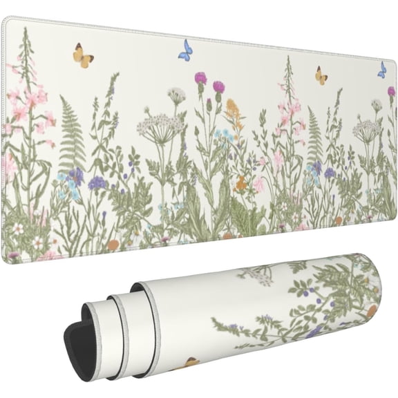 Sage Green Floral Leaves Gaming Mouse Pad XL Wild Flower Plants Extended Large Desk Mat Spring Summer Big Mousepad 31.5×11.8 Inch, Non-Slip Rubber Base Long Mouse Pad for Office Work Computer Gamer