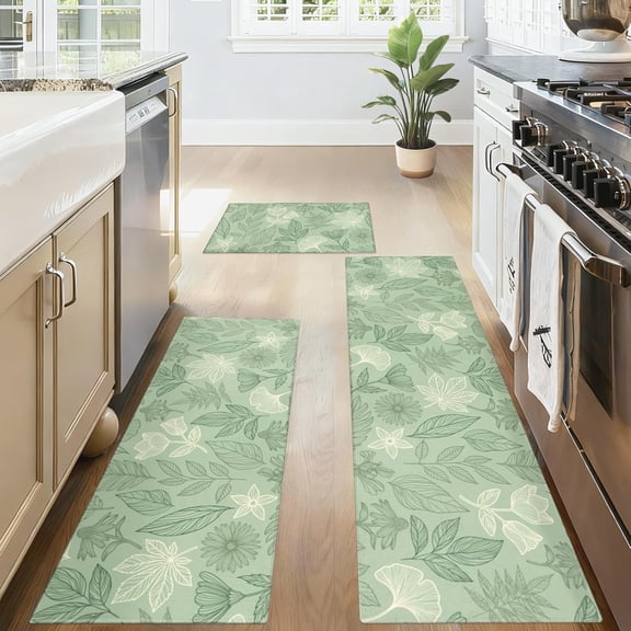 Sage Green Floral Leaves Kitchen Rugs Sets of 3 Piece, Flower Boho Kitchen Floor Mat Area Runner Rug Carpet, Leaf Rug, Farmhouse Sage Green Kitchen Decor and Accessories