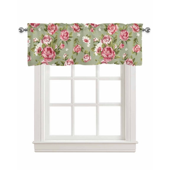 Sage Green Floral Linen Curtain Valance for Bedroom/Bathroom/Kitchen/Living/Dining Room Window,Retro Pastel Pink Flower Botanical Leaf Pocket Topper Drapes Decorative Cafe Drapery Panel 42"x18"