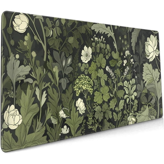 Sage Green Floral Mouse Pad XXL 35.4 X 15.7 Inch Plant Flower Pattern Botanical Design Extended Large Gaming Mousepad Keyboard Full Desk Mat Non-Slip Rubber Base Stitched Edges for Home Office