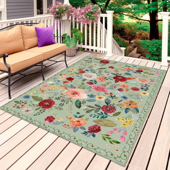 Sage Green Floral Outdoor Rug 3x5 Ft, Non Slip Washable Area Rug, Spring Flowers Leaves Farmhouse Patio Rugs Carpet Runner, Large Floor Mat for Indoor/Outdoor Deck Porch Camping