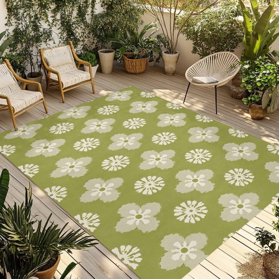 Sage Green Floral Outdoor Rug 5x7 Ft - Reversible Patio Rug Outdoor Camping Rugs, Spring Flowers Modern Abstract Art Farmhouse Indoor Outdoor Area Rugs, Non-Slip Outdoor Carpet Runner for Deck/Porch
