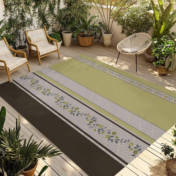 Sage Green Floral Outdoor Rug for Patio/Deck/Porch, Non-Slip Large Area Rug 3 x 5 Ft, Modern Farmhouse Leaves Brown Striped Indoor Outdoor Rugs Washable Area Rugs, Camping Rug Carpet Runner