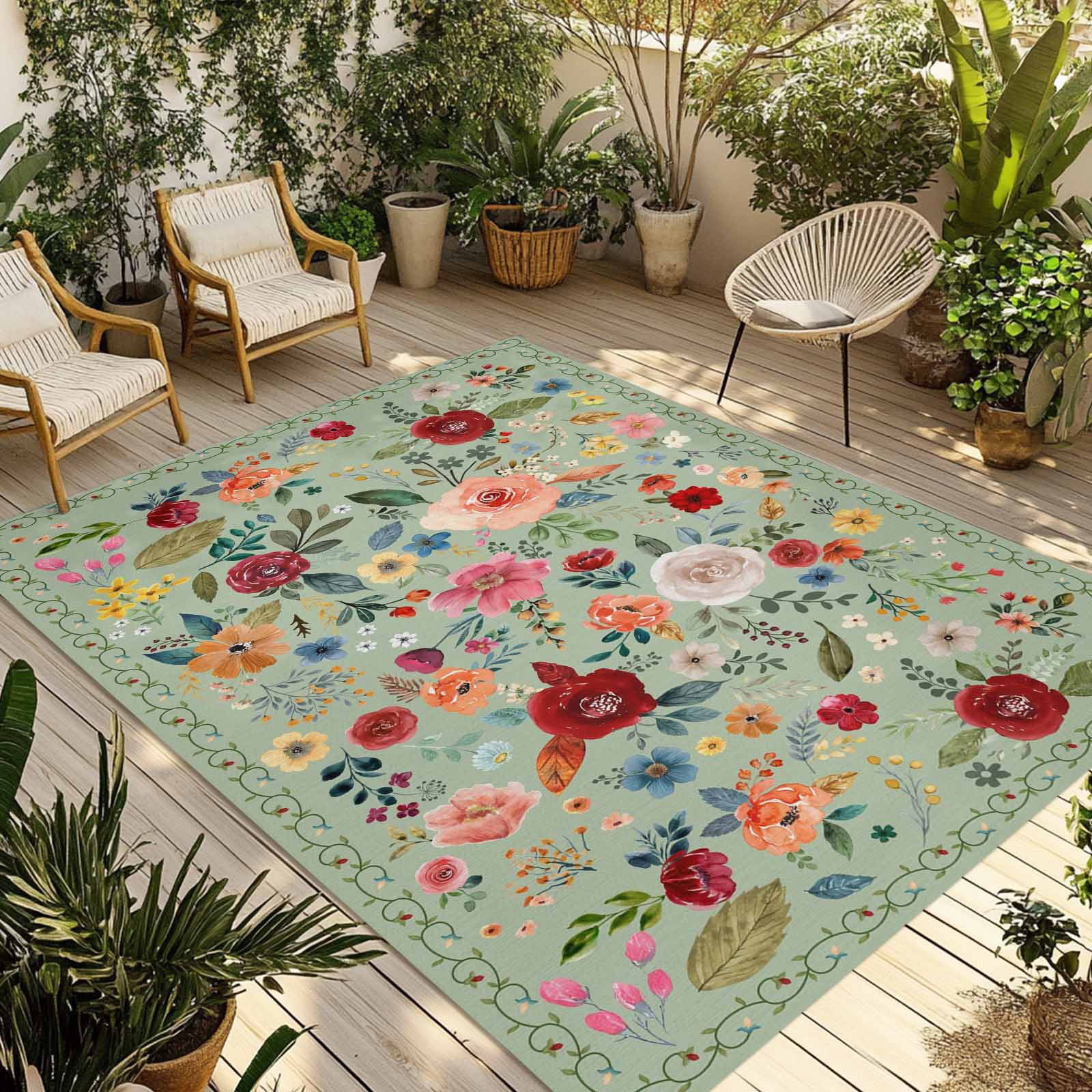 Sage Green Floral Outdoor Rug for Patio/Deck/Porch, Non-Slip Large Area Rug 3 x 5 Ft, Spring Flowers Leaves Farmhouse Indoor Outdoor Rugs Washable Area Rugs, Reversible Camping Rug Carpet Runner