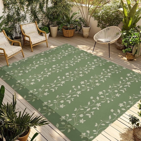 Sage Green Floral Outdoor Rug for Patio/Deck/Porch, Non-Slip Large Area Rug 5 x 7 Ft, Spring Flowers Indoor Outdoor Rugs Washable Area Rugs, Reversible Camping Rug Carpet Runner