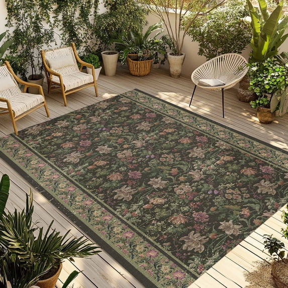 Sage Green Floral Outdoor Rug for Patio/Deck/Porch, Non-Slip Large Area Rug 5 x 8 Ft, Ethnic Tribe Abstract Art Flowers Indoor Outdoor Rugs Washable Area Rugs, Reversible Camping Rug Carpet Runner