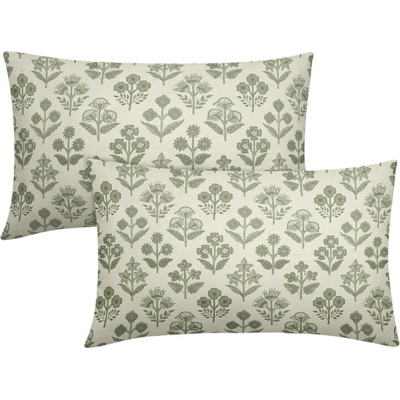 Sage Green Floral Pillow Covers 12x20 Inch Set of 2, Block Print Lumbar Flower Cream Decorative Throw Pillowcases Outdoor Farmhouse Rectangle Cushion Covers Spring Summer Sofa Couch Bed Decor
