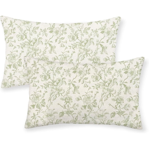 Sage Green Floral Pillow Covers 12x20 Set of 2 Light Green Chinoiserie Floral Decorative Throw Pillows Vintage Rustic Toile Flower Pillowcase Outdoor Decor Linen Cushion Cover for Couch Sofa
