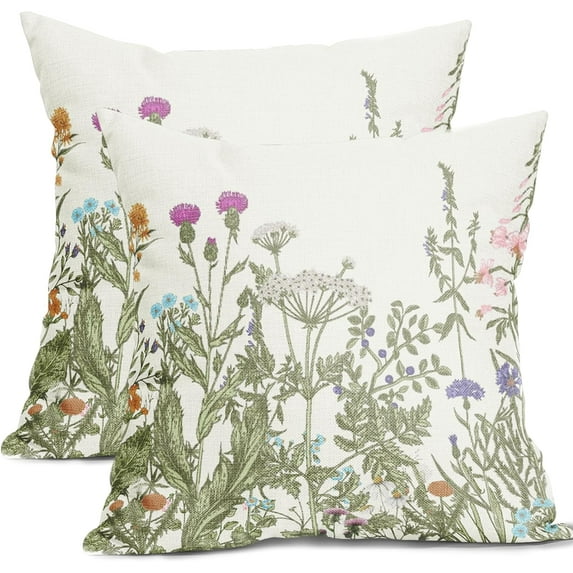 Sage Green Floral Pillow Covers 18x18 Inch Set of 2 Spring Summer Wild Flowers Plant Throw Pillow Covers Vintage Rustic Farmhouse Pillow Cases Cotton Linen Cushion Covers for Couch Bed Sofa Home Decor
