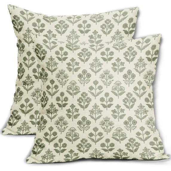 Sage Green Floral Pillow Covers 18x18 Inch Set of 2, Vintage Flower Block Print Pattern Decorative Throw Pillowcases Outdoor Farmhouse Cushion Covers Spring Summer Rustic Sofa Couch Bed Decor