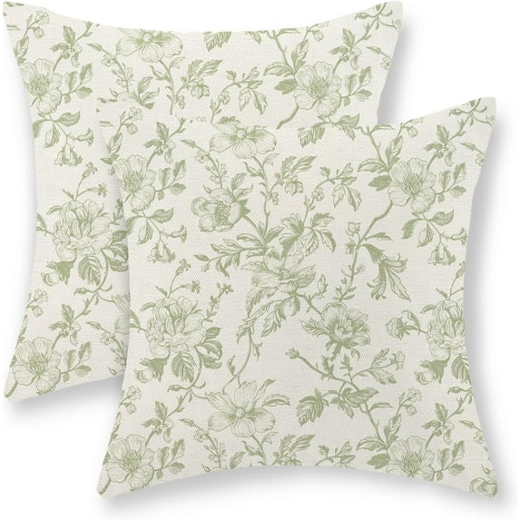 Sage Green Floral Pillow Covers 18x18 Set of 2 Light Green Chinoiserie Floral Decorative Throw Pillows Vintage Rustic Toile Flower Pillowcase Outdoor Decor Linen Cushion Cover for Couch Sofa