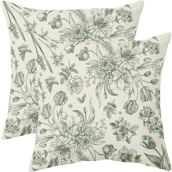 Sage Green Floral Pillow Covers 18x18 Set of 2 Spring Flower Vintage Chinoiserie Cream Decorative Throw Pillows Outdoor Country Farmhouse Pillowcases Square Cushion Case Decor for Home Sofa Couch Bed
