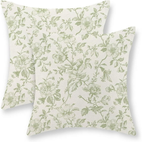 Sage Green Floral Pillow Covers 20x20 Set of 2 Light Green Chinoiserie Floral Decorative Throw Pillows Vintage Rustic Toile Flower Pillowcase Outdoor Decor Linen Cushion Cover for Couch Sofa
