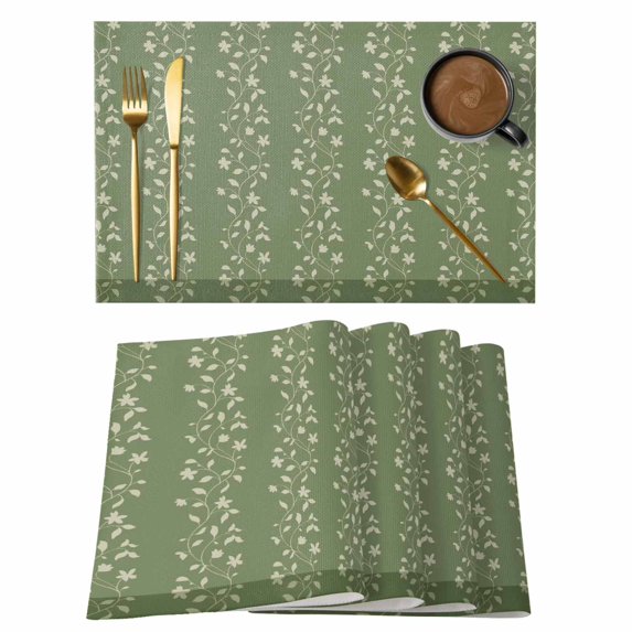 Sage Green Floral Placemats Set of 8, Spring Flowers Placemats for Dining Table, Place Mats for Kitchen Tabletop, Waterproof Wipeable Dining Table Mats Set