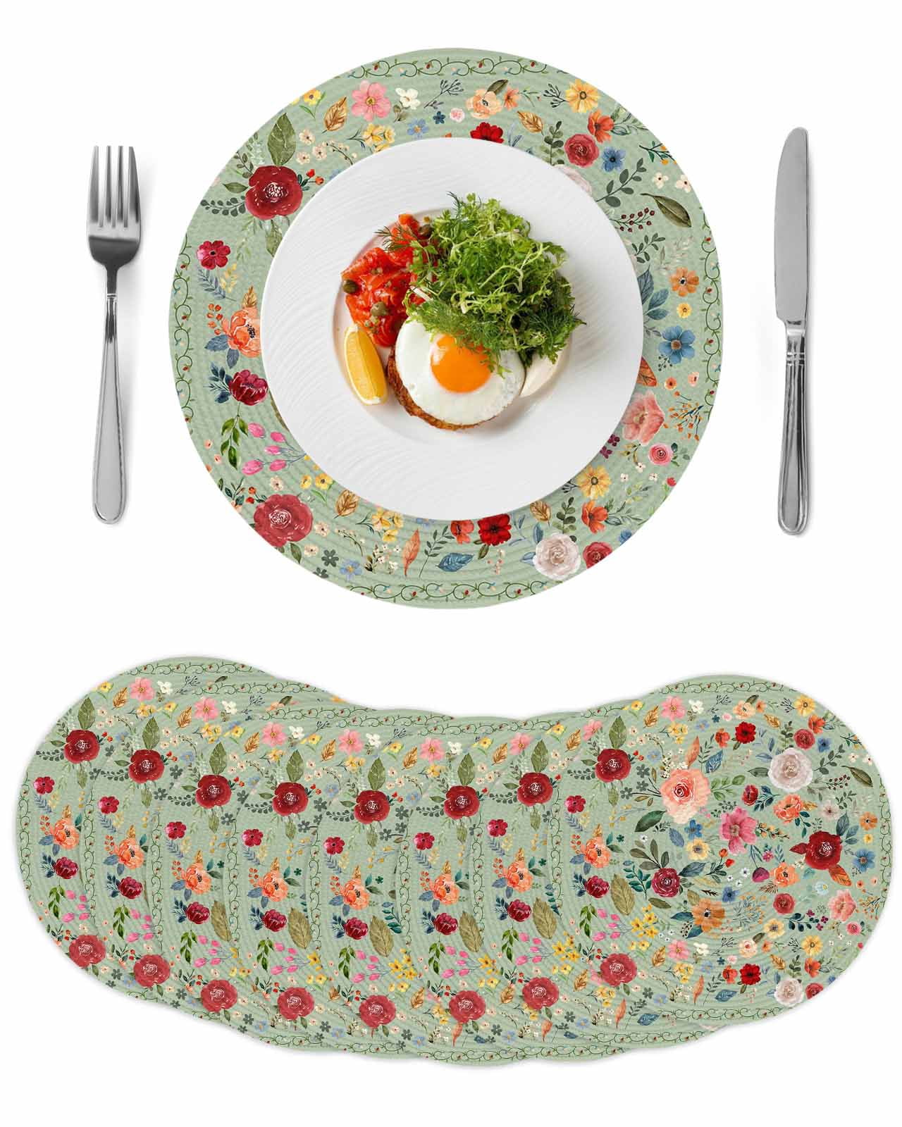 Sage Green Floral Round 13 Inch Placemats Set of 8, Spring Flowers ...