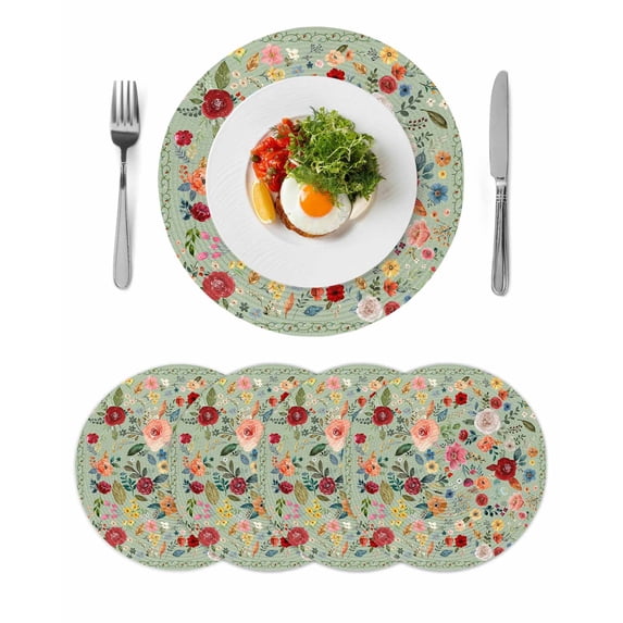 Sage Green Floral Round 15 Inch Placemats Set of 4, Spring Flowers Leaves Farmhouse HeatResistant Non Slip Place Mats for Dining Table, Wipeable Braided Kitchen Table Mats for Housewarming