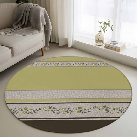 Sage Green Floral Round Area Rug 3.3Ft Washable Circle Rugs for Dining Room Table, Modern Farmhouse Leaves Brown Striped Non-Slip Carpet Floor Mats Indoor Outdoor Carpet Runner Aesthetic Home Decor