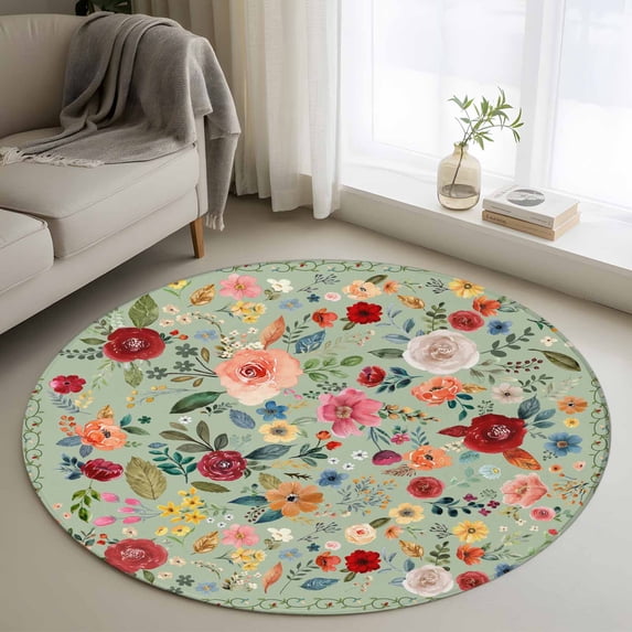 Sage Green Floral Round Rug 3.3ft Washable Circle Entryway Rugs Non Slip Spring Flowers Leaves Farmhouse Area Rug Indoor Floor Carpet for Bedroom Kitchen Living Room Home Office Dining Room Nursery