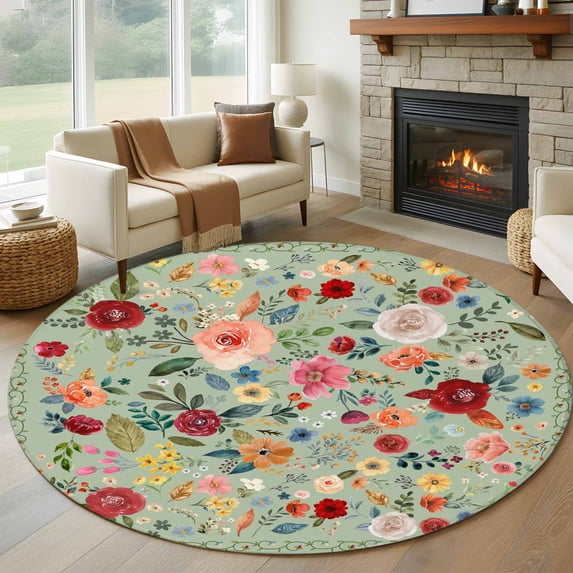 Sage Green Floral Round Rug 6ft Washable Circle Kitchen Rugs Non Slip Spring Flowers Leaves Farmhouse Large Area Rug Indoor Floor Carpet for Bedroom Living Room Home Office Dining Room Nursery