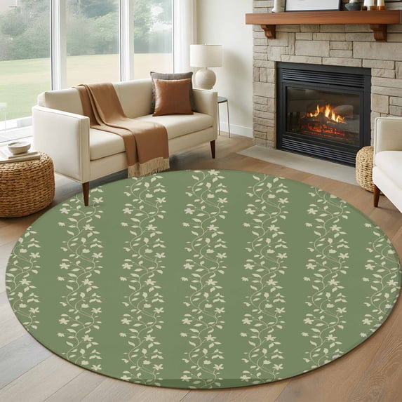 Sage Green Floral Round Rug 7ft Washable Circle Rugs Non Slip Spring Flowers Large Area Rug Indoor Floor Carpet for Bedroom Kitchen Living Room Home Office Dining Room Nursery