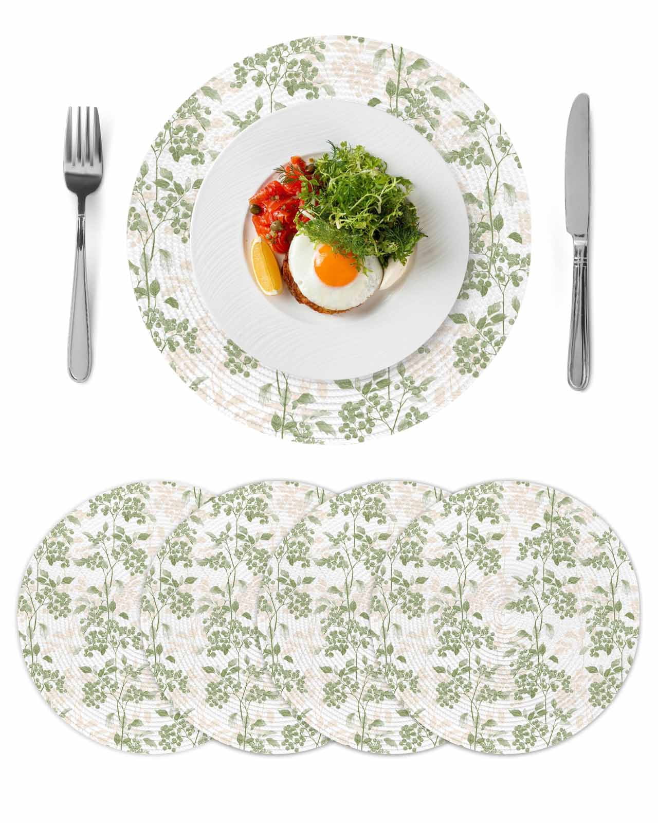 Sage Green Floral Round Table Placemats set of 4, Vintage Abstract ...