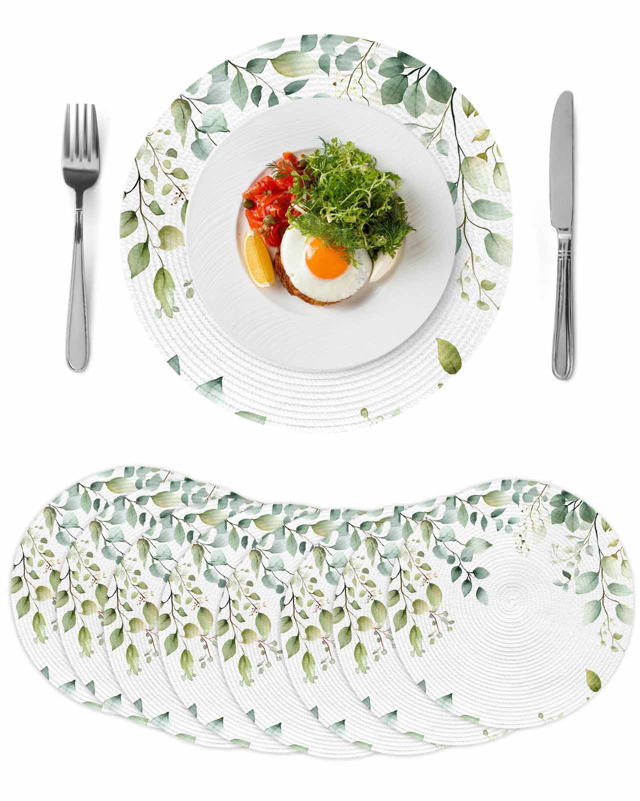 Sage Green Floral Round Table Placemats set of 8, Watercolor Eucalyptus ...