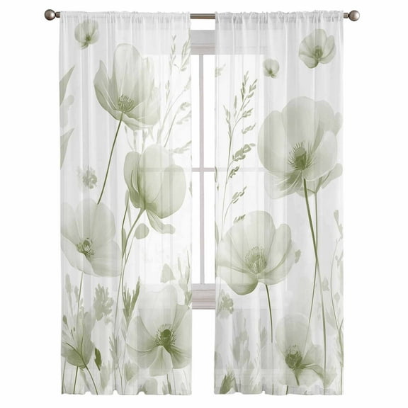 Sage Green Floral Semi Sheer Curtains 108 Inch Length 2 Panels Set, Botanical Flower Plant Herb Watercolor Sheer Kitchen Curtain Privacy Voile Window Curtain for Living Room Bedroom Rod Pocket Drapes