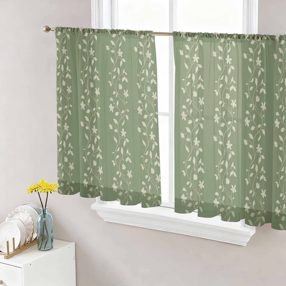 Sage Green Floral Sheer Curtains 54 Inch Length 2 Panels for Living Room, Spring Flowers Voile Kitchen Curtain Set, Luxury Privacy Drapes Window Treatment for Bedroom