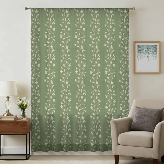 Sage Green Floral Sheer Curtains 96 Inches Long, Spring Flowers Light Filering Curtains, Privacy Drapes Simi Floor to Veiling Curtain for Living Room Bedroom Large Window Treatment