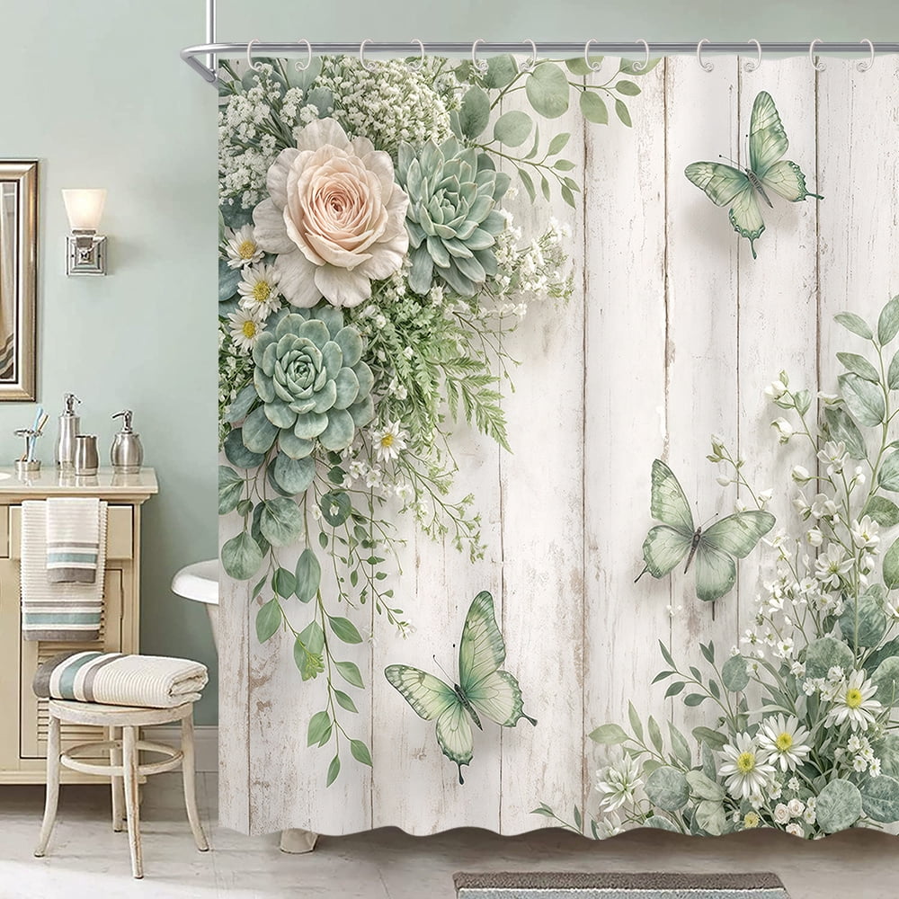 Sage Green Floral Shower Curtain - Farmhouse Rustic Rose Butterfly Bathroom Curtain Boho Botanical Waterproof Fabric Set with 12 Hooks,47X64in