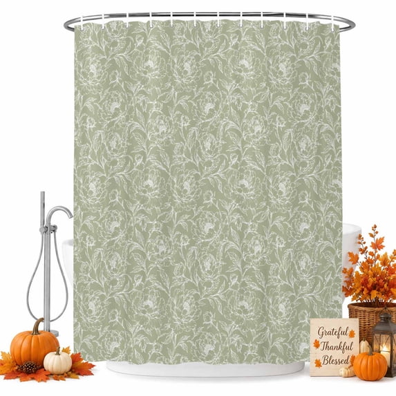 Sage Green Floral Shower Curtain Set - 72" x 78" Washable Bathtub Curtain with 12 Hooks, Elegant Pastoral Flowers Farmhouse Waterproof Fabric Stall Shower Curtains for Bathroom/Bathtub Décor