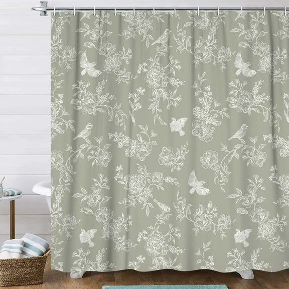 Sage Green Floral Shower Curtain Set, Vintage Retro Cottagecore Floral Botanical Birds Blossom Flower Boho Aesthetic Fabric Shower Curtains for Bathroom Decor with Hooks,72X72