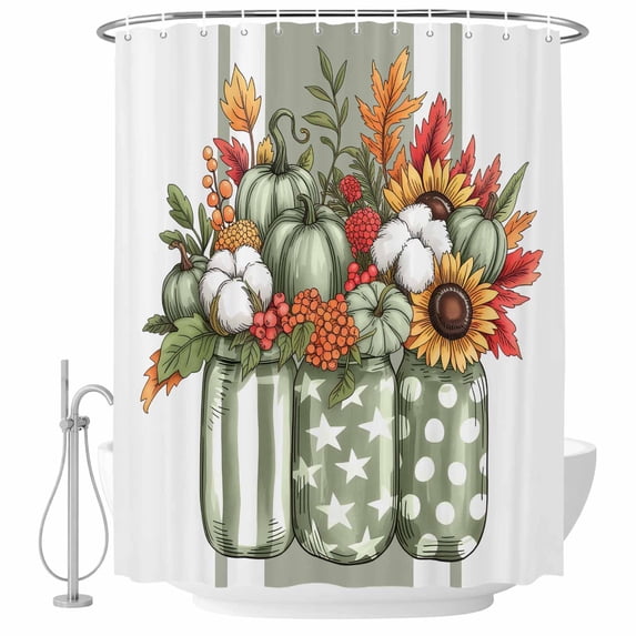 Sage Green Floral Shower Curtain, Waterproof Shower Curtains for Bathroom, Rustic Pumpkin Sunflower Botanical Striped Washable Fabric Bathtub Curtain Set Bath Decor with 12 Hooks Long 72"x84"