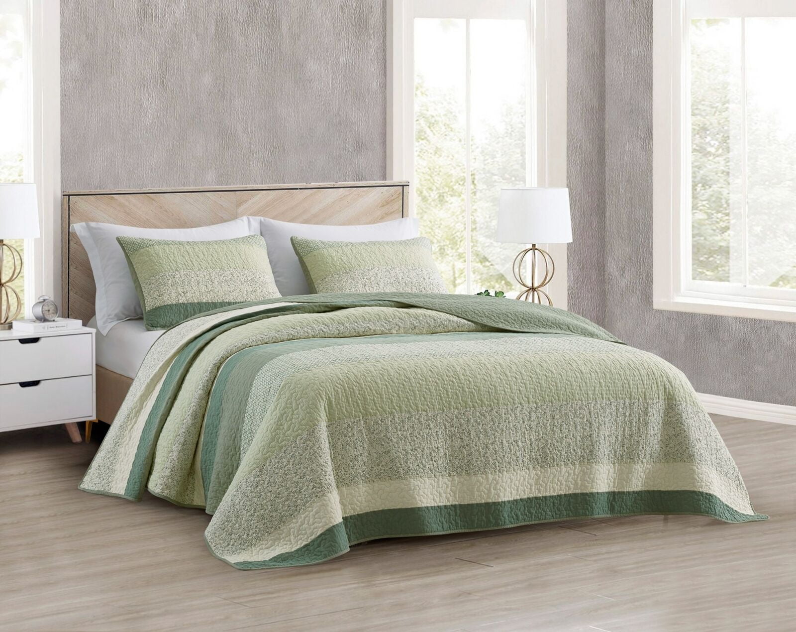 Sage Green Floral Stripe Patchwork Cotton Quilt Bedspread Set