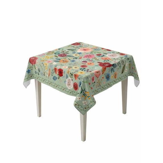 Sage Green Floral Table Cloth, Spring Flowers Leaves Farmhouse Waterproof Tablecloth for Square Tables, Reusable Washable Fabric Table Cover for Restaurant Kitchen Dining Tables 54"x54"