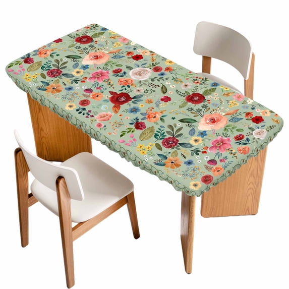 Sage Green Floral Table Cloths for 4 Foot Rectangle Tables, Spring Flowers Leaves Farmhouse Patio Waterproof Elastic Fitted Tablecloths, Washable Rectangular Table Cover for Camping