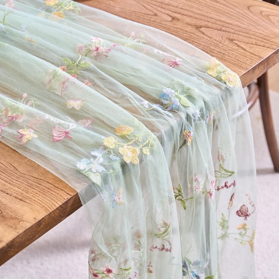 Sage Green Floral Table Runner 10ft Embroidery Tulle Spring Wildflower Table Runner Seasonal Summer Butterfly Kitchen Dining Gauze Decoration for Wedding Baby Shower Birthday Party