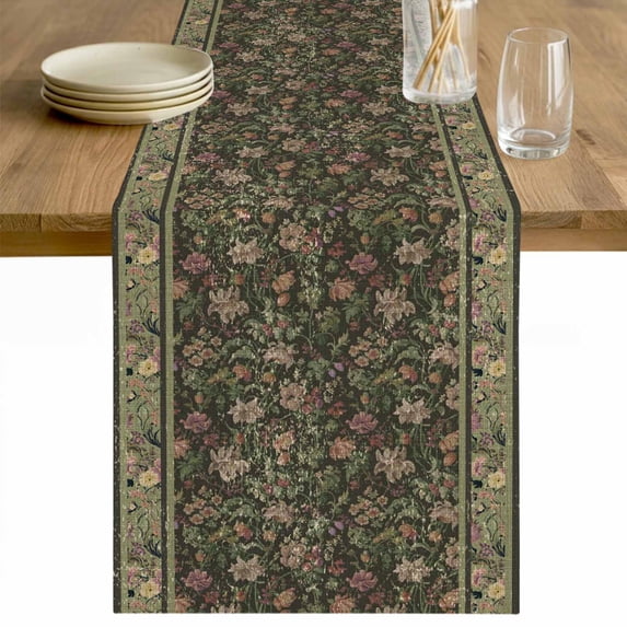 Sage Green Floral Table Runner - 48 Inch Long Ethnic Tribe Abstract Art Flowers Cotton and Linen Blended Dress Scarves Farmhouse Table Runner for Kitchen Dining, Coffee Table, 13" x 48"