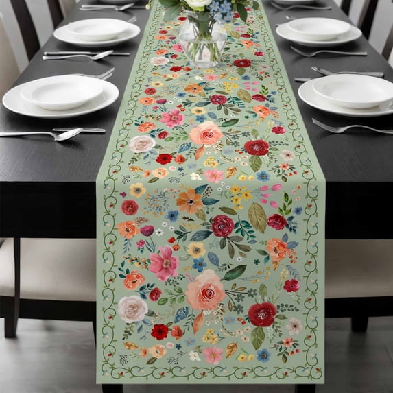 Sage Green Floral Table Runner 72 Inches Long, Spring Flowers Leaves Farmhouse Kitchen Coffee Dining Table Decoration for Home Party Birthday Wedding Home Decor 16x72 Inches